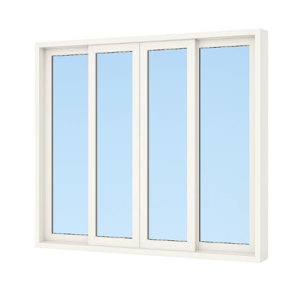 Modern raam met vier rechthoekige panelen en een witte lijst met blauwe reflecties