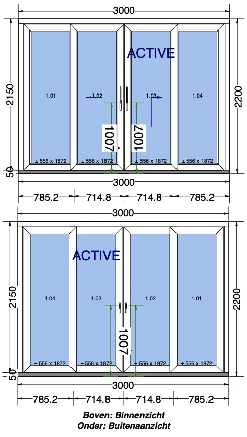 Close-up van een aluminium schuifpui met glazen panelen en zwarte handgrepen in een moderne woning