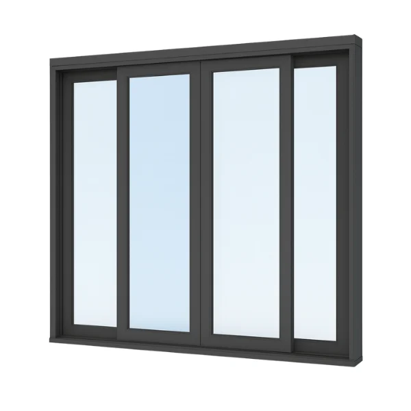 Moderne raamsamenstelling met strakke, donkere omlijsting en meerdere heldere glaspanelen