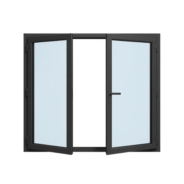 Moderne dubbele openslaande deur met zwart glazen frame, naar buiten open en scharnieren aan de zijkanten