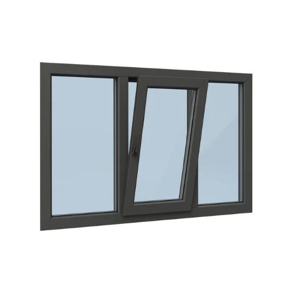 Modern draaiend raam met drie delen en een donker frame en helder glas passend in woon- en werkruimtes