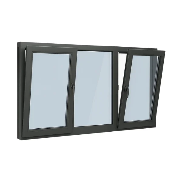 Modern grijs venster met drie vleugels, twee open en één gesloten, met grote glazen panelen