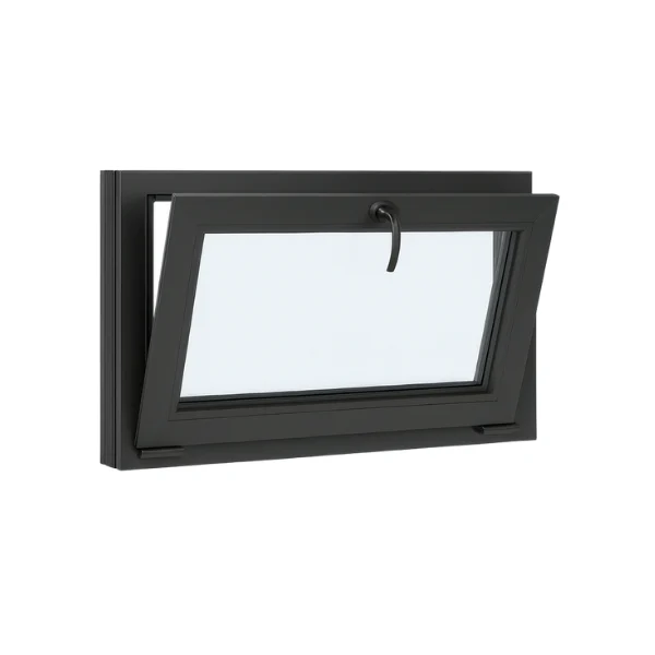 Eenvoudig modern raam met zwart metalen frame, bovenkant open en helder glas naar buiten kijkend