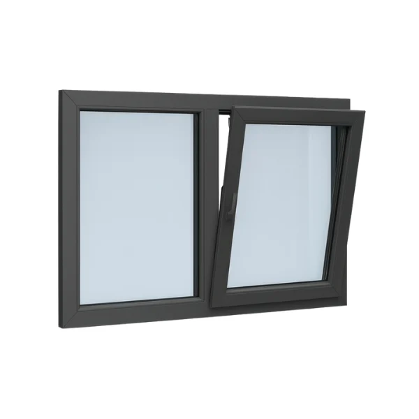 Zwart raam met een draaibaar deel dat schuin naar buiten opent, helder glazen panelen en een strak modern design