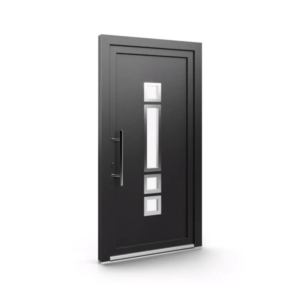 Moderne kunststof schuifpui met aluminium kozijnen in een woonhuis, inclusief glas en handgrepen