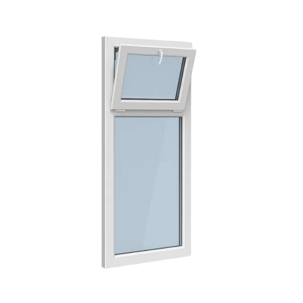 Raam met wit frame, kantelbaar bovenste deel en rechtstaand onderste deel met helder glas en blauwe lucht