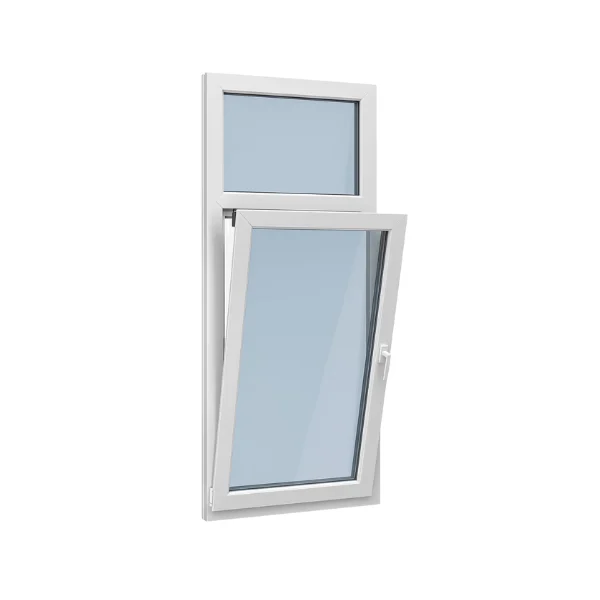 Modern raam met wit frame, bovenste vast en onderste deel opent naar buiten via scharnier