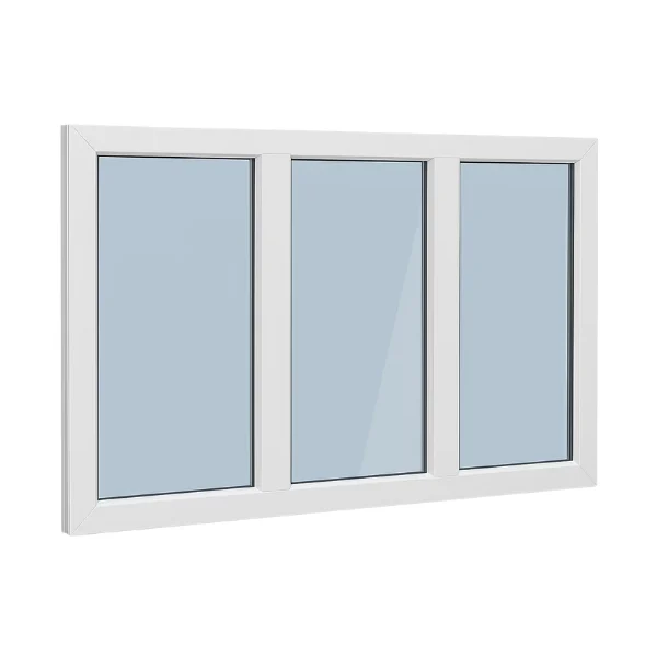 Witte moderne vensterconstructie met drie panelen en transparant glas in minimalistisch ontwerp