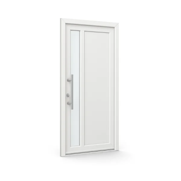 Moderne witte deur met grote rechte vorm, zijraam met transparant glas en metalen handgreep links