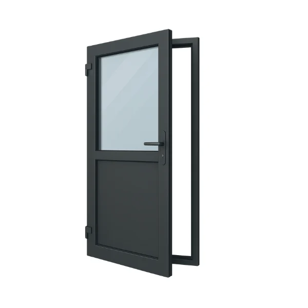 Moderne aluminium deur met strak profiel en isolatieglas, geschikt voor buitentoepassing