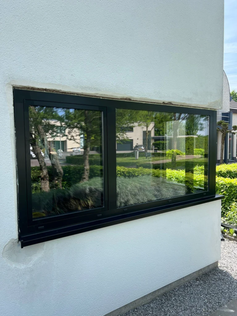 Modern zwart omlijst raam met dubbele panelen en reflectie van bomen in glas aan witte muur