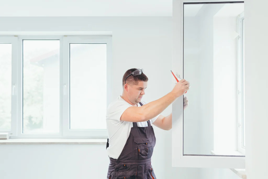 Man in witte T-shirt en donkere overall installeert een raam in een lichte kamer met grote ramen en witte muren.